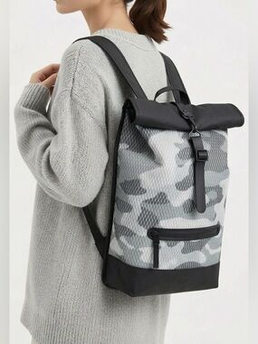 NWT RAINS Rolltop Rucksack Mesh Backpack Camo Gray/Black Waterproof